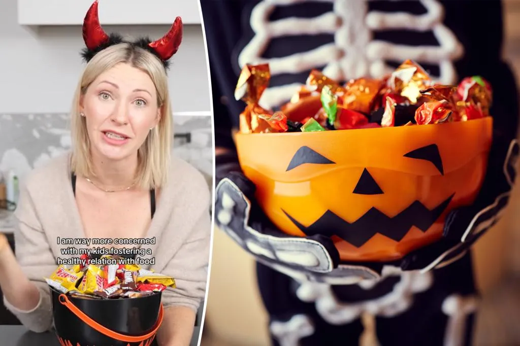 Dietitian Abbey Sharp in front of a bowl of Halloween candy